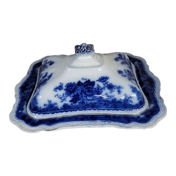 Antique Wedgwood Blue China Covered Vegetable Dish Serving Bowl Roses England - Picture 2 of 11